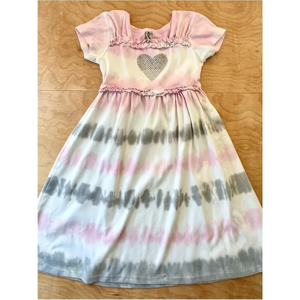 Vintage Girls Tie Dye Dress Rhinestone Heart Ruffle Empire Waist Size 8 Boho